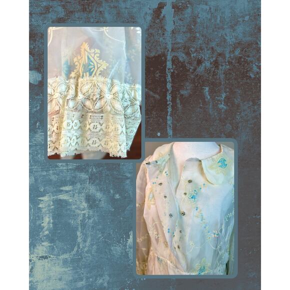 Vintage 60s 70s Victorian Sheer Damask White Aqua Fringe Jabot Shirt Dress S/M - Picture 5 of 6